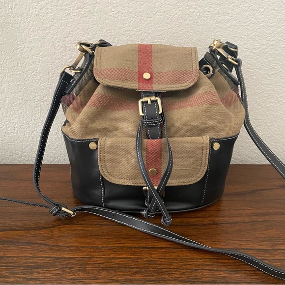 Black Leather Canvas Nova Check Plaid Bucket Crossbody Bag Drawstring Satchel - Picture 14 of 14